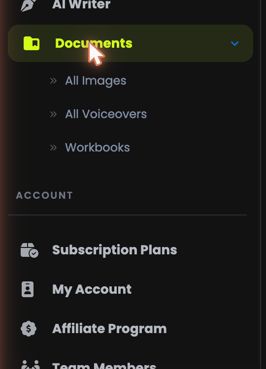 The Documents submenu and the Account section of the sidebar