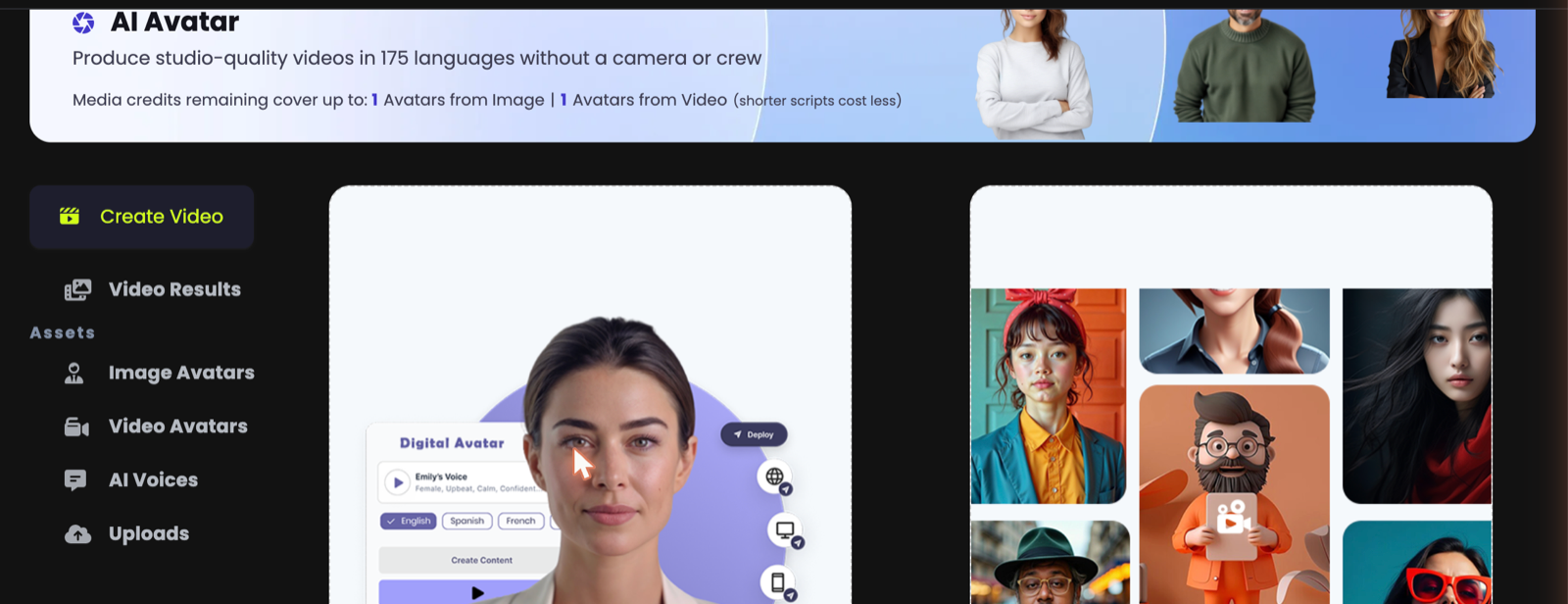 The AI Avatar landing page with both creation paths