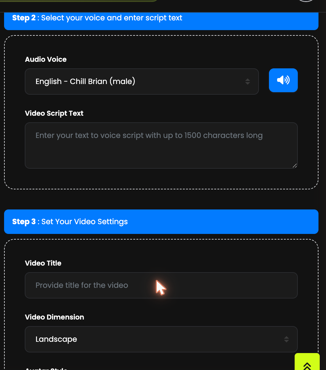 Step 2 voice and script, and Step 3 video settings