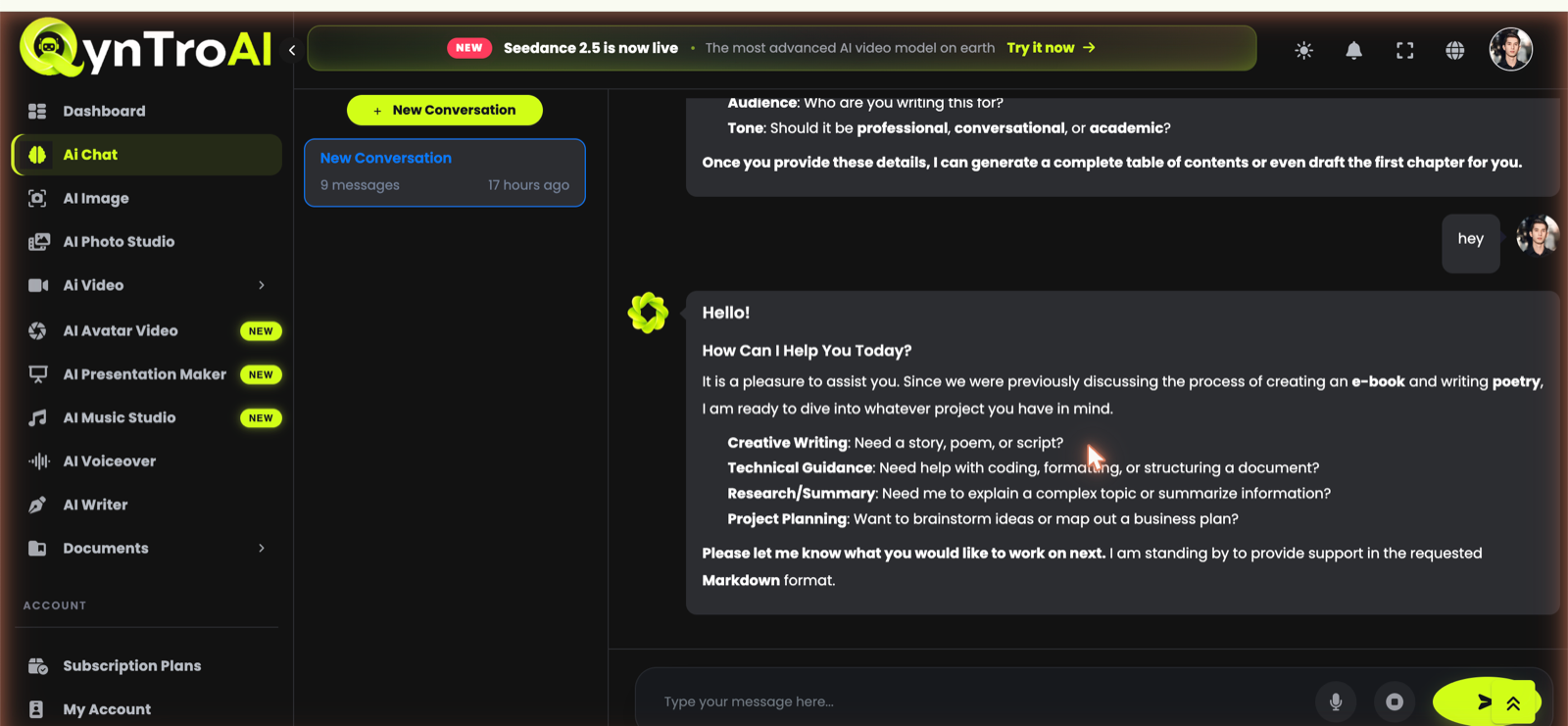 The AI Chat screen with the conversation list, message thread and composer