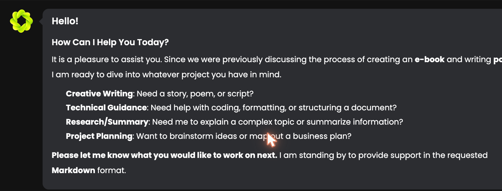 A formatted AI answer with headings, bold text and a list