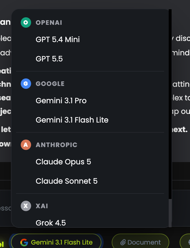 The model picker open, showing models grouped by provider
