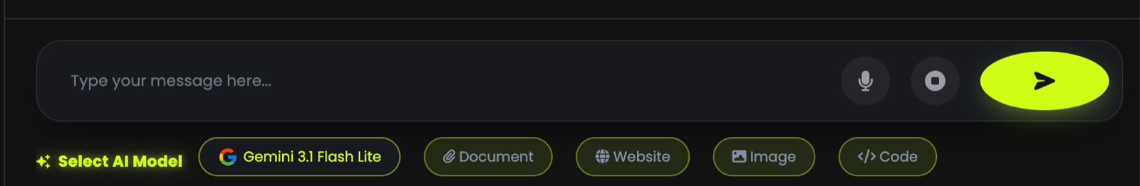 The composer with microphone, send button, model picker and the Document, Website, Image and Code buttons