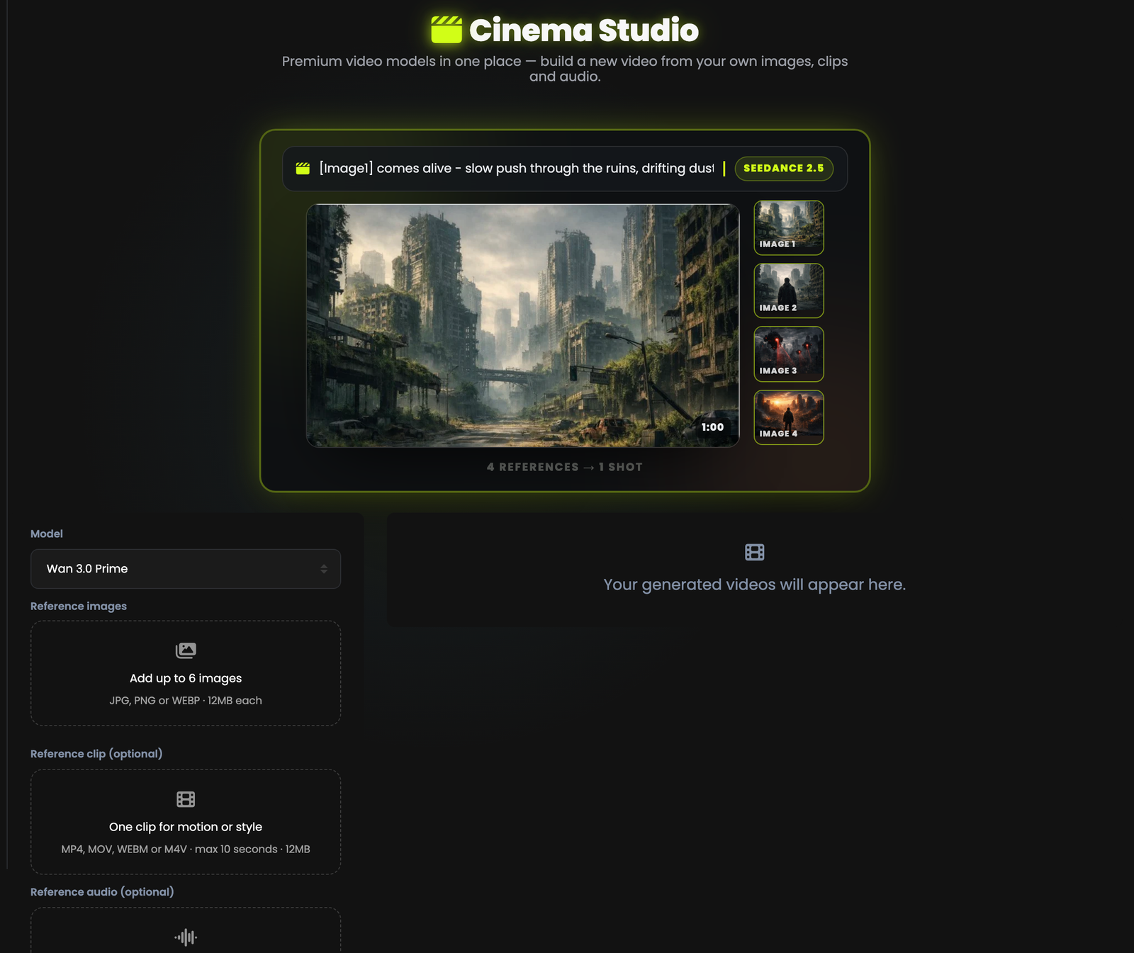 The AI Cinema Studio screen showing the reference panels, prompt box, settings and results area