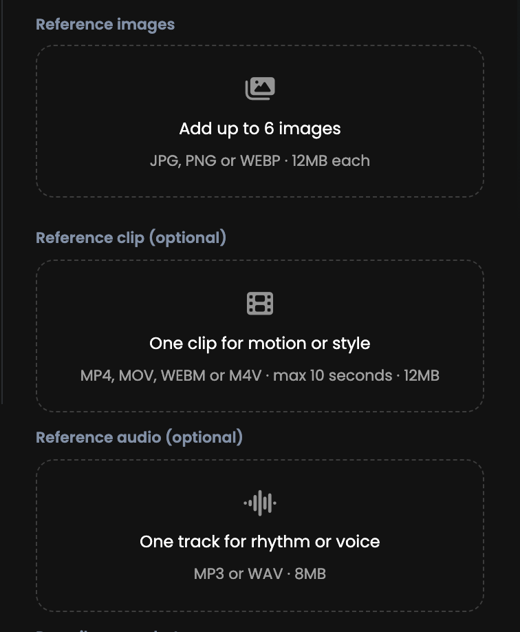 The three reference upload panels: reference images, reference clip and reference audio