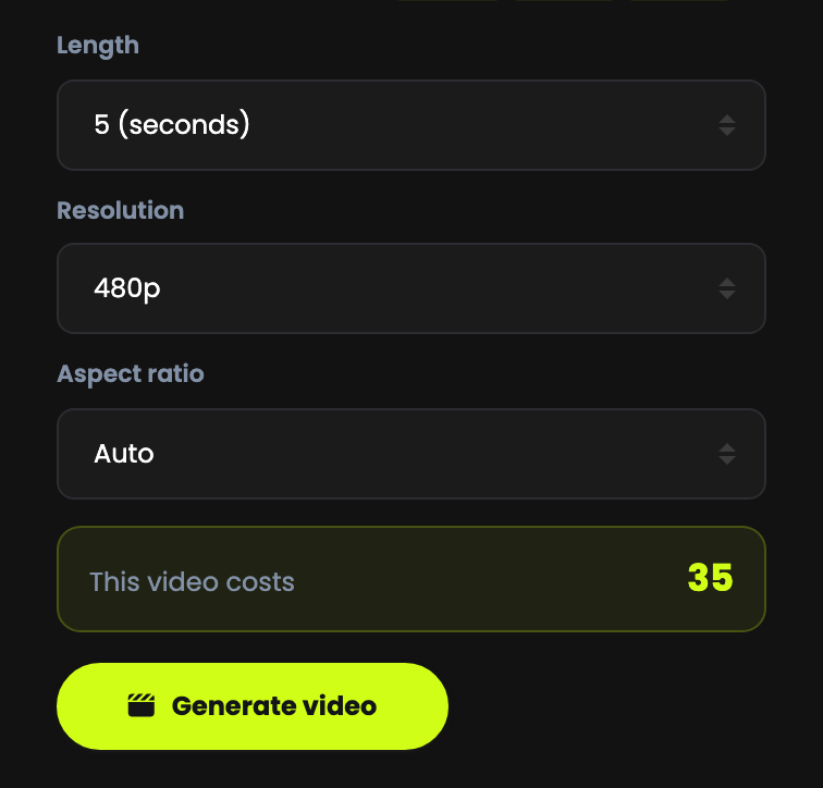 The length, resolution and aspect ratio controls with the credit cost above the Generate button