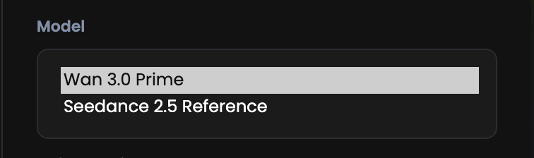 The model selector showing Wan 3.0 Prime and Seedance 2.5 Reference