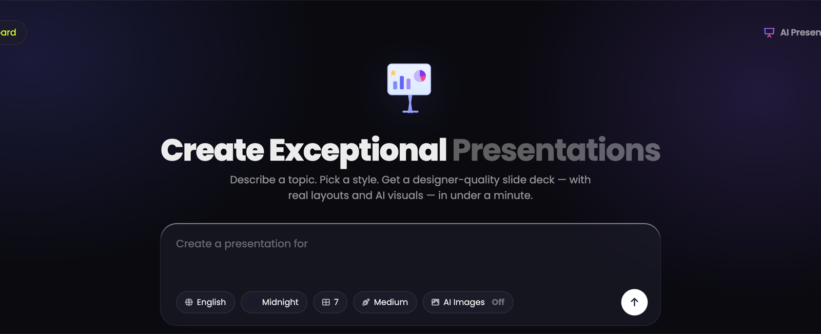 The AI Presentation Maker screen with the topic box and settings chips
