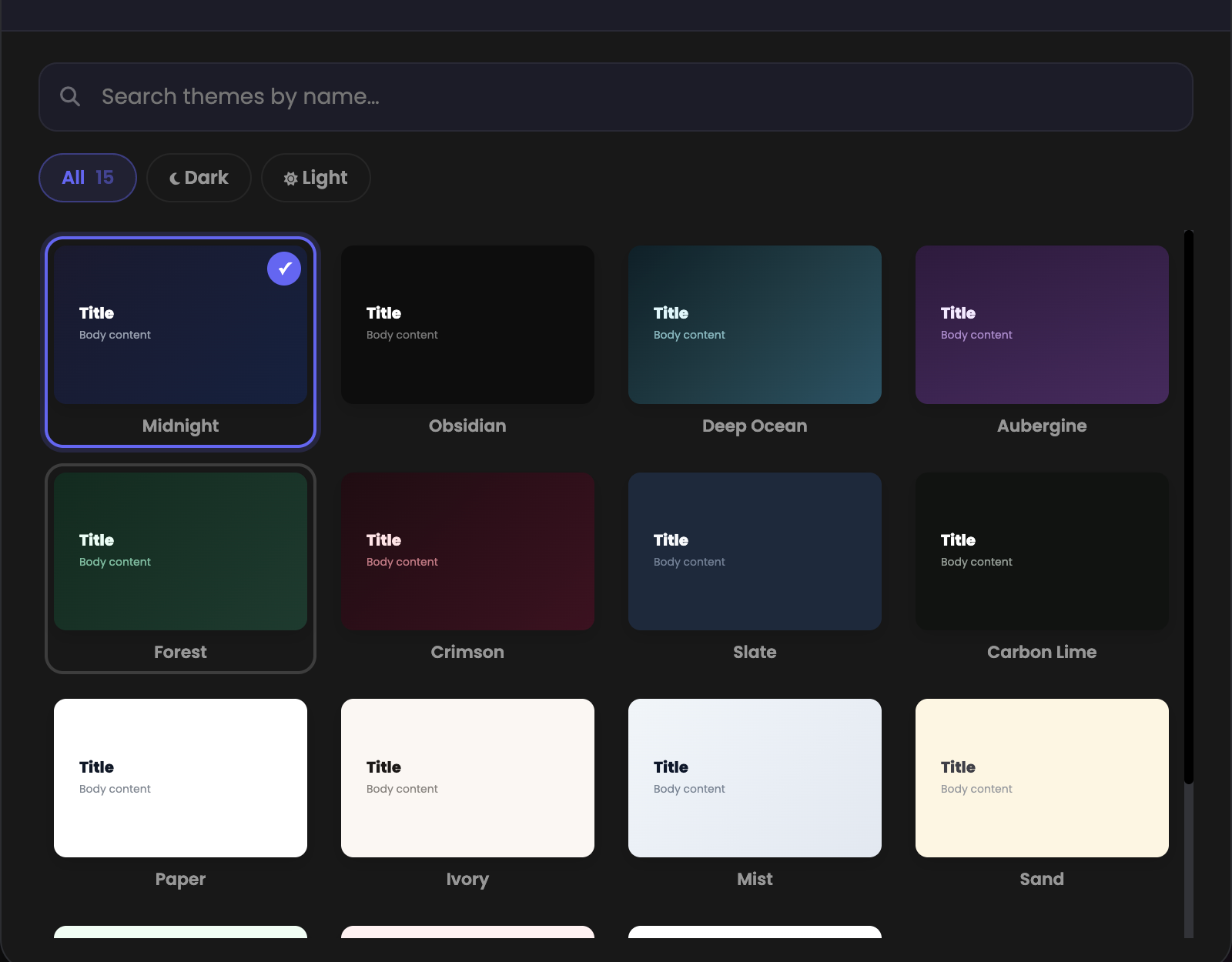 The theme picker showing 15 themes with previews and dark/light filters