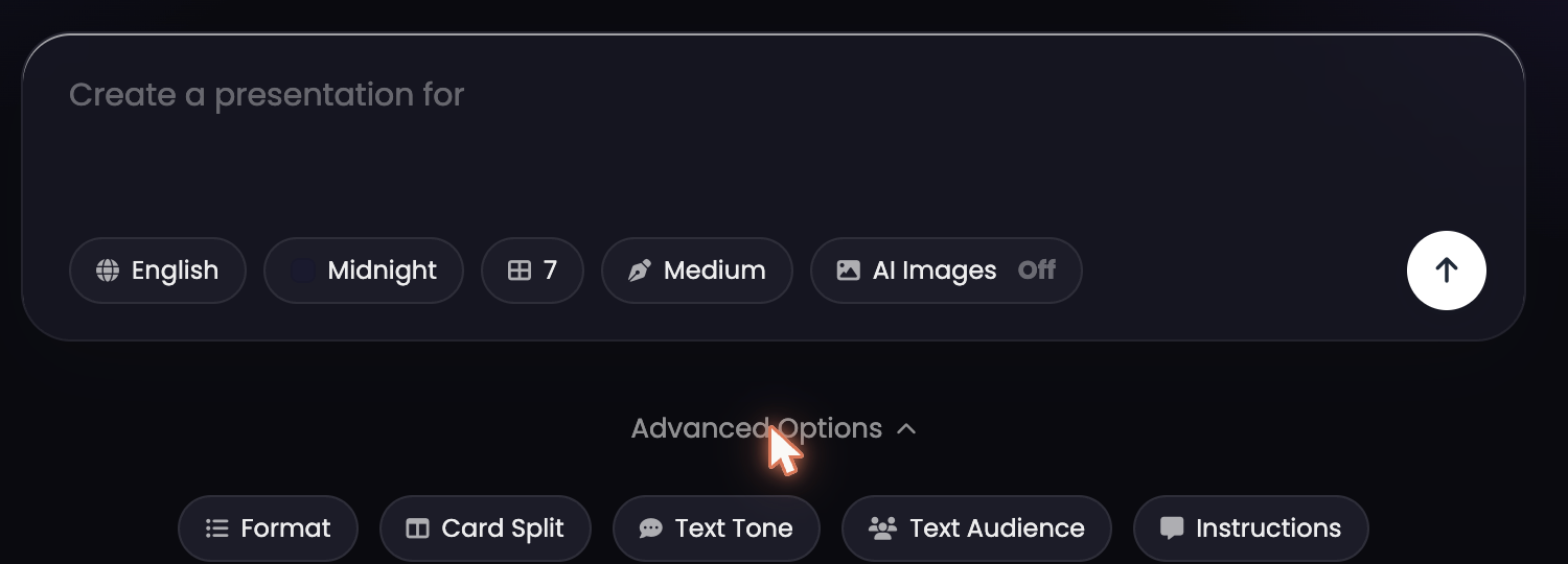 The settings chips and the Advanced Options row