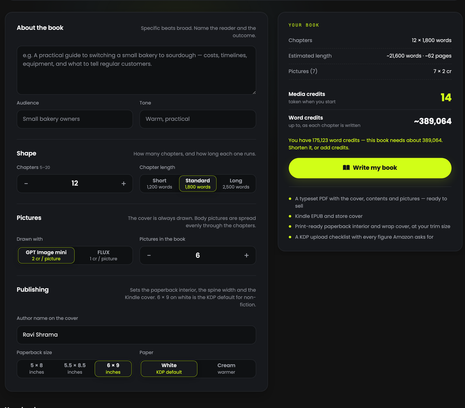 The AI Ebook Creator screen showing the brief box, settings and the estimate line