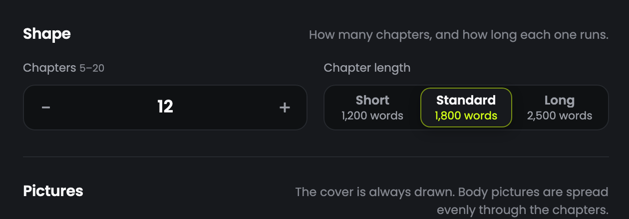 The chapters and chapter length dropdowns with the live estimate underneath
