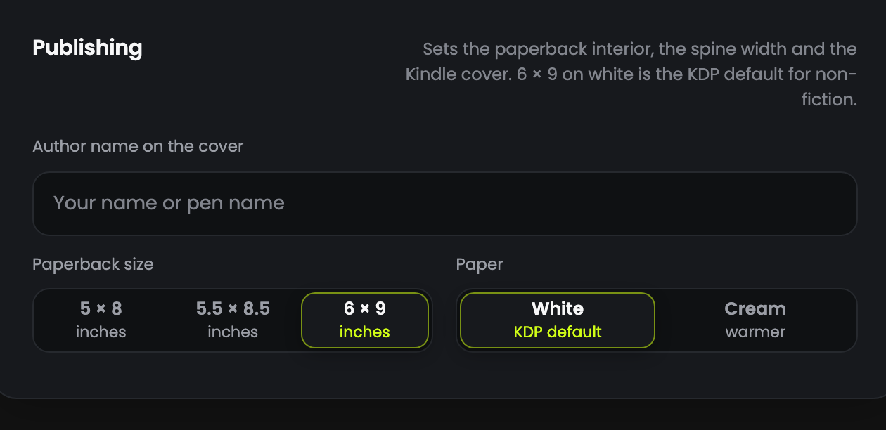 The paperback trim size and paper colour options