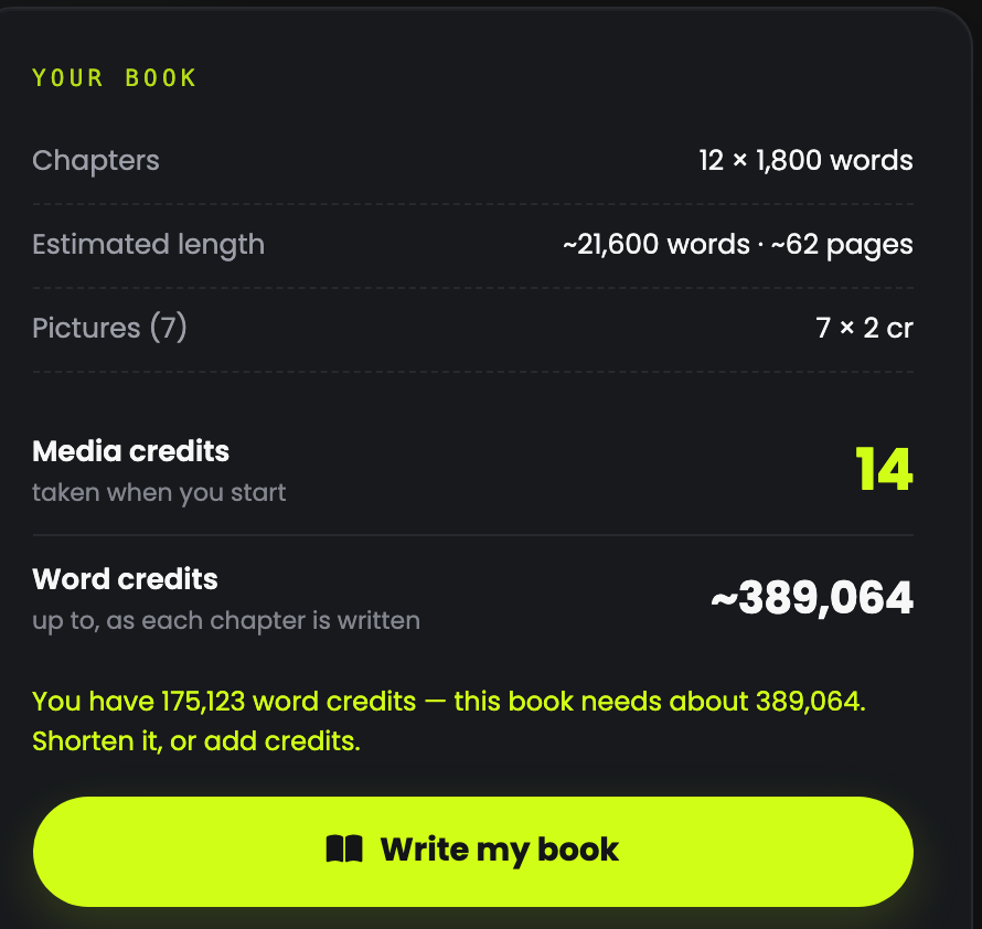 The YOUR BOOK panel showing estimated length, picture cost, media credits, word credits and a shortfall warning