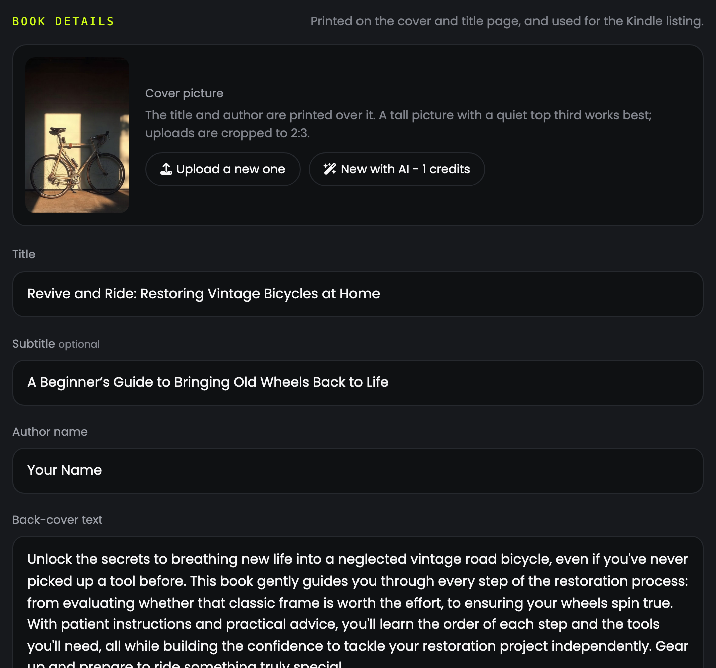 The book details panel with cover picture, title, subtitle, author and back-cover text