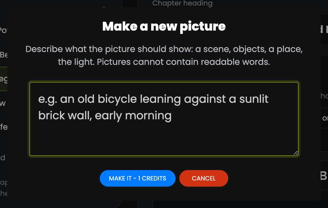 The New with AI picture dialog, prefilled with the scene the picture was drawn from