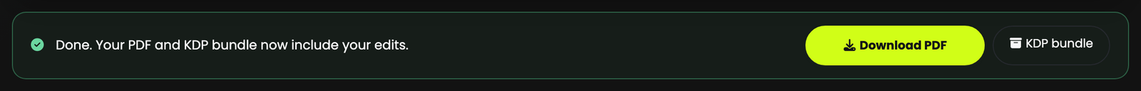 The banner confirming the PDF and KDP bundle have been rebuilt with the edits, with download buttons