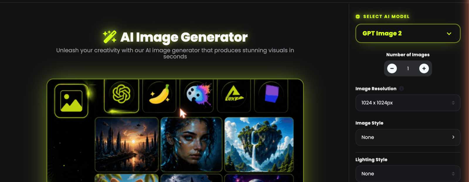 The AI Image generator screen with the model selector and settings panel