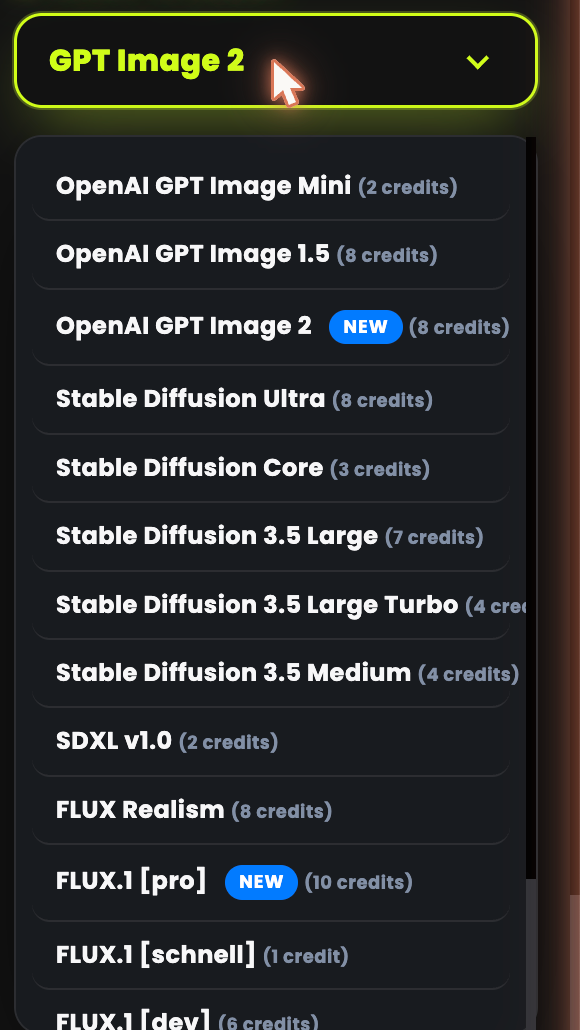 The image model dropdown showing each model with its credit cost