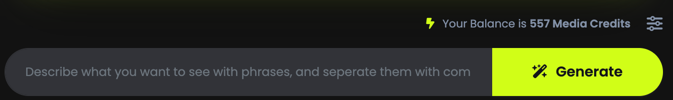 The prompt box, the media credit balance and the Generate button