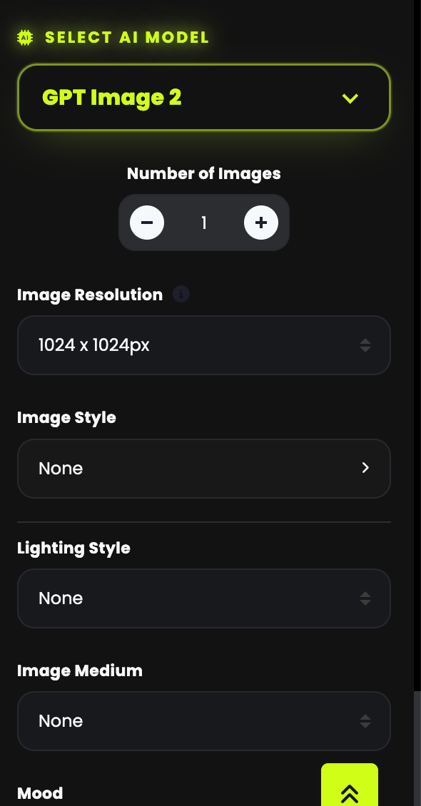 The settings panel with model, number of images, resolution, image style, lighting style, image medium and mood