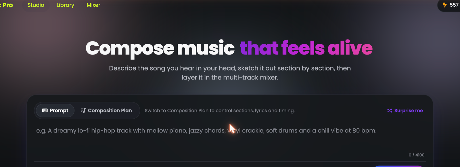 AI Music Pro studio screen with the prompt box and controls