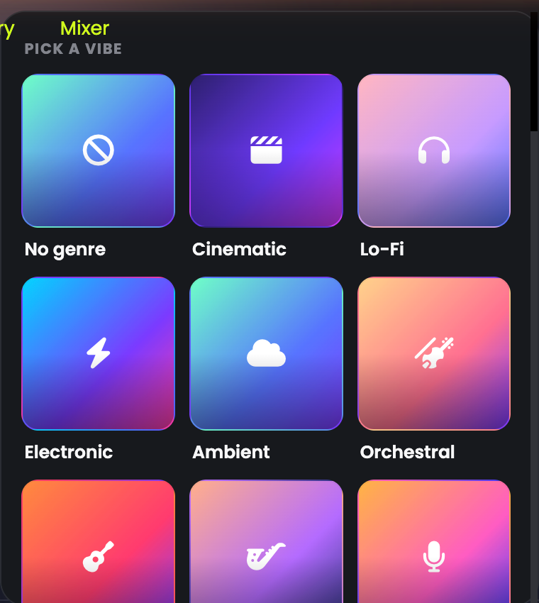 The Vibe picker showing genre tiles