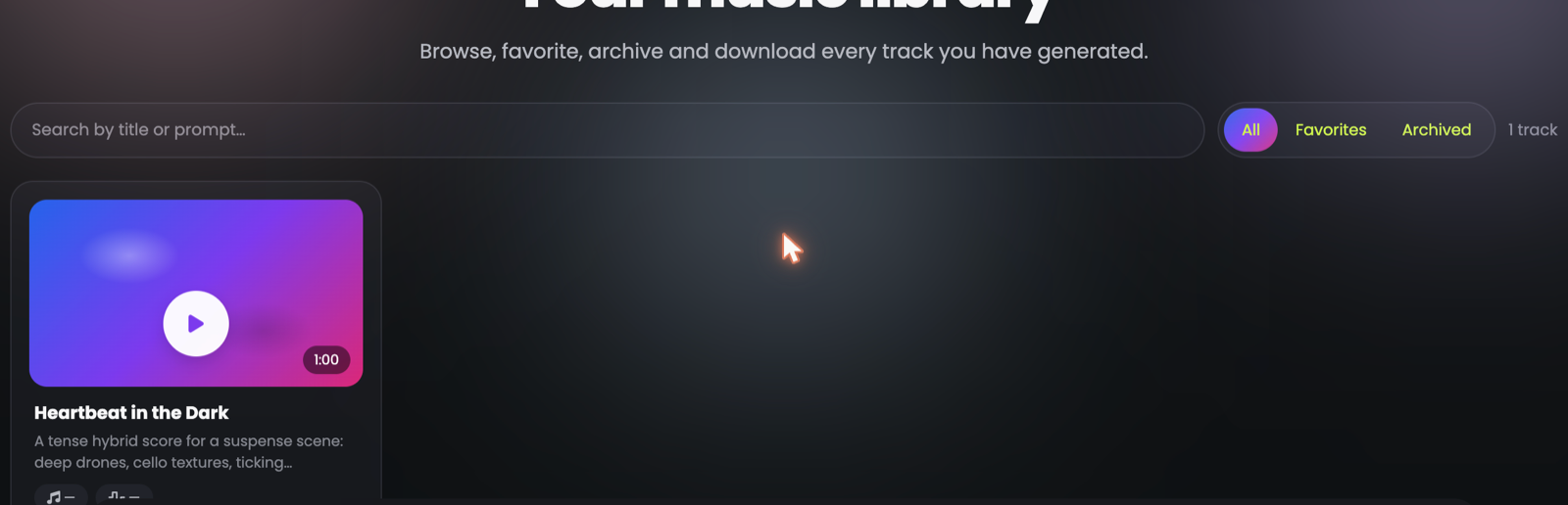 The music library with a track card, filters and search