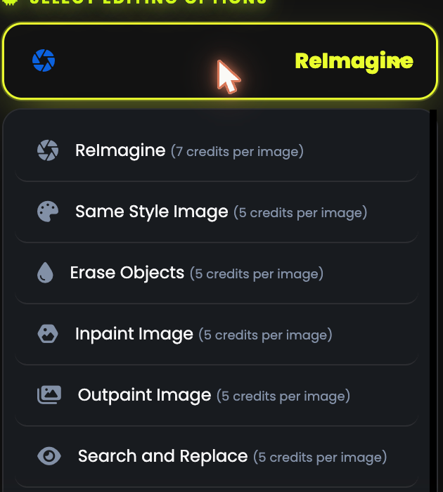 The editing options dropdown, top of the list