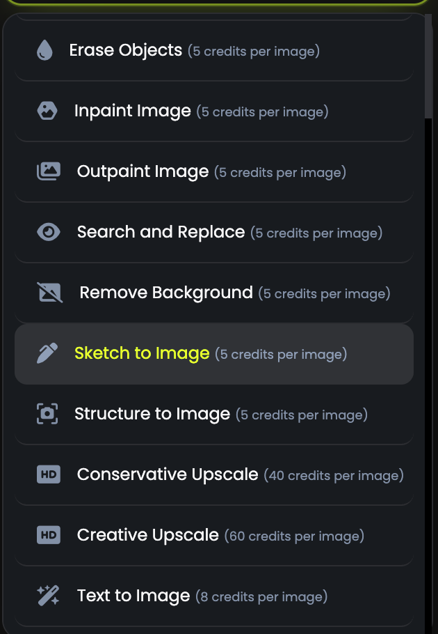 The editing options dropdown, rest of the list