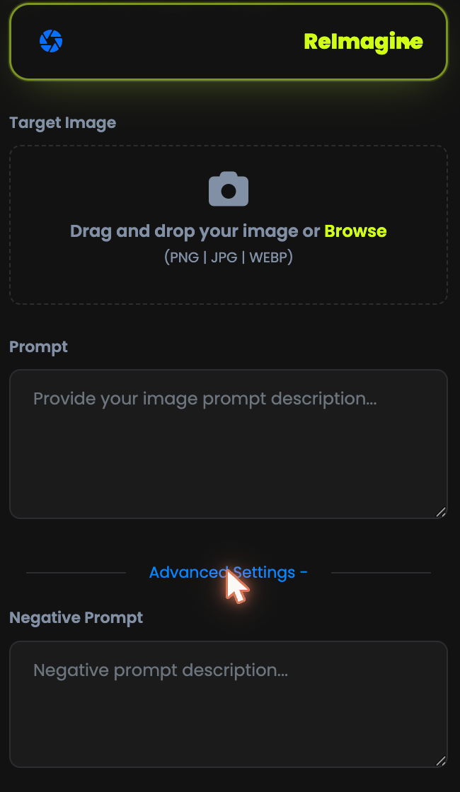 The Photo Studio form: editing option, target image, prompt and advanced settings