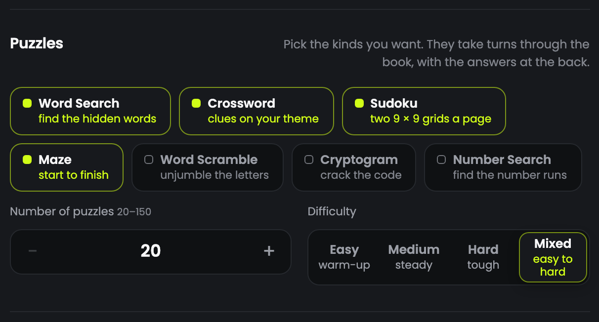 The seven puzzle kinds with four picked, the number of puzzles and the difficulty
