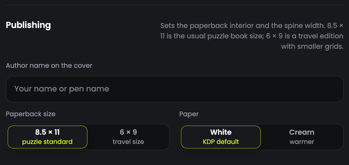 Publishing: author name, paperback size 8.5 by 11 or 6 by 9, and white or cream paper