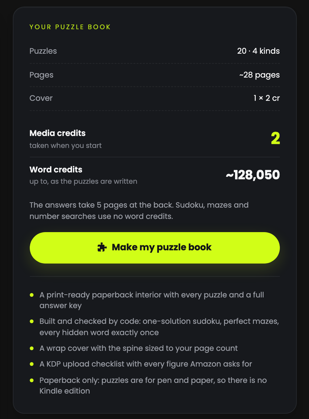 YOUR PUZZLE BOOK panel: 20 puzzles, 4 kinds, about 28 pages, 2 media credits and about 128,050 word credits