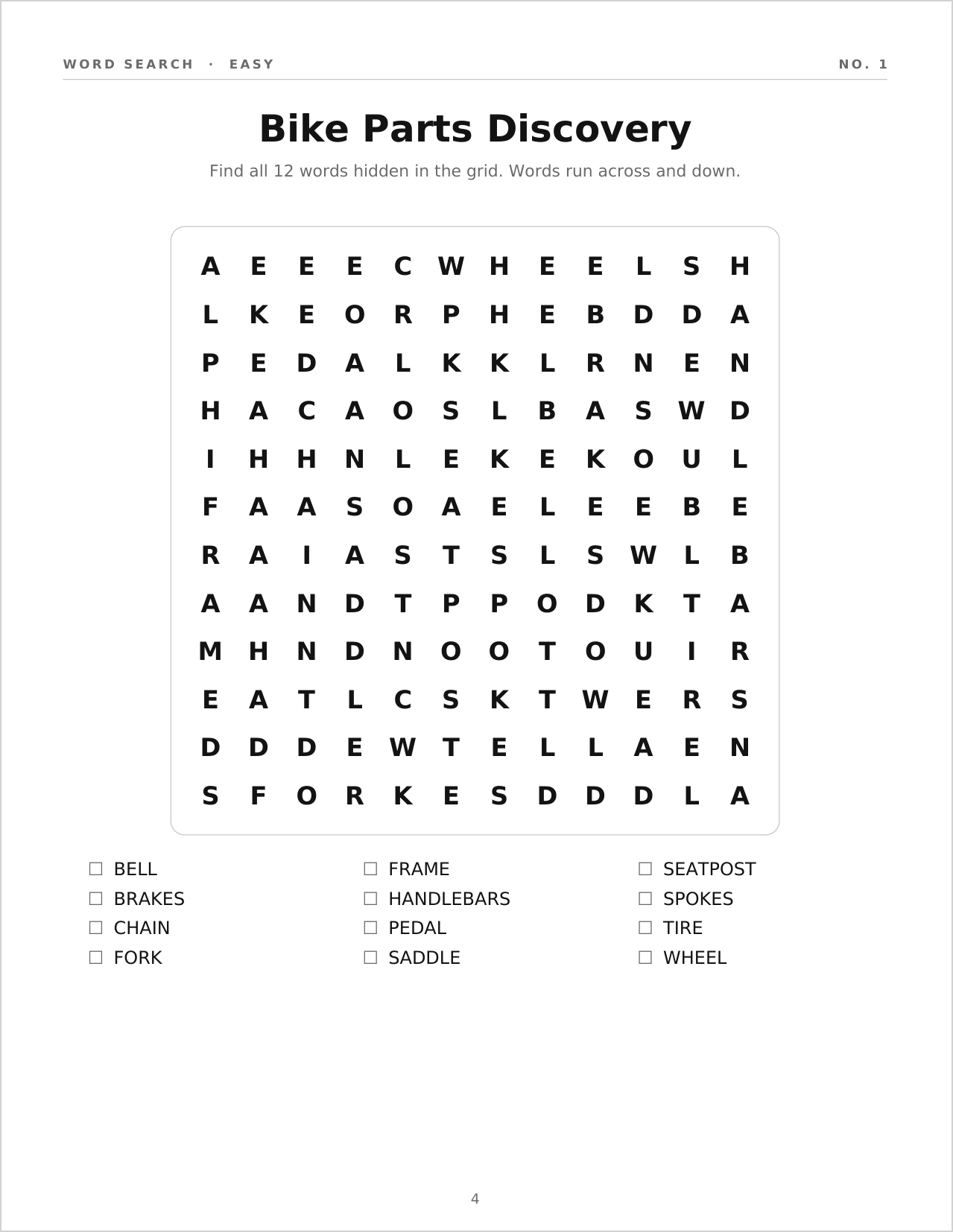 A puzzle page: Word Search, Easy, number 1, Bike Parts Discovery, a 12 by 12 grid and a word list
