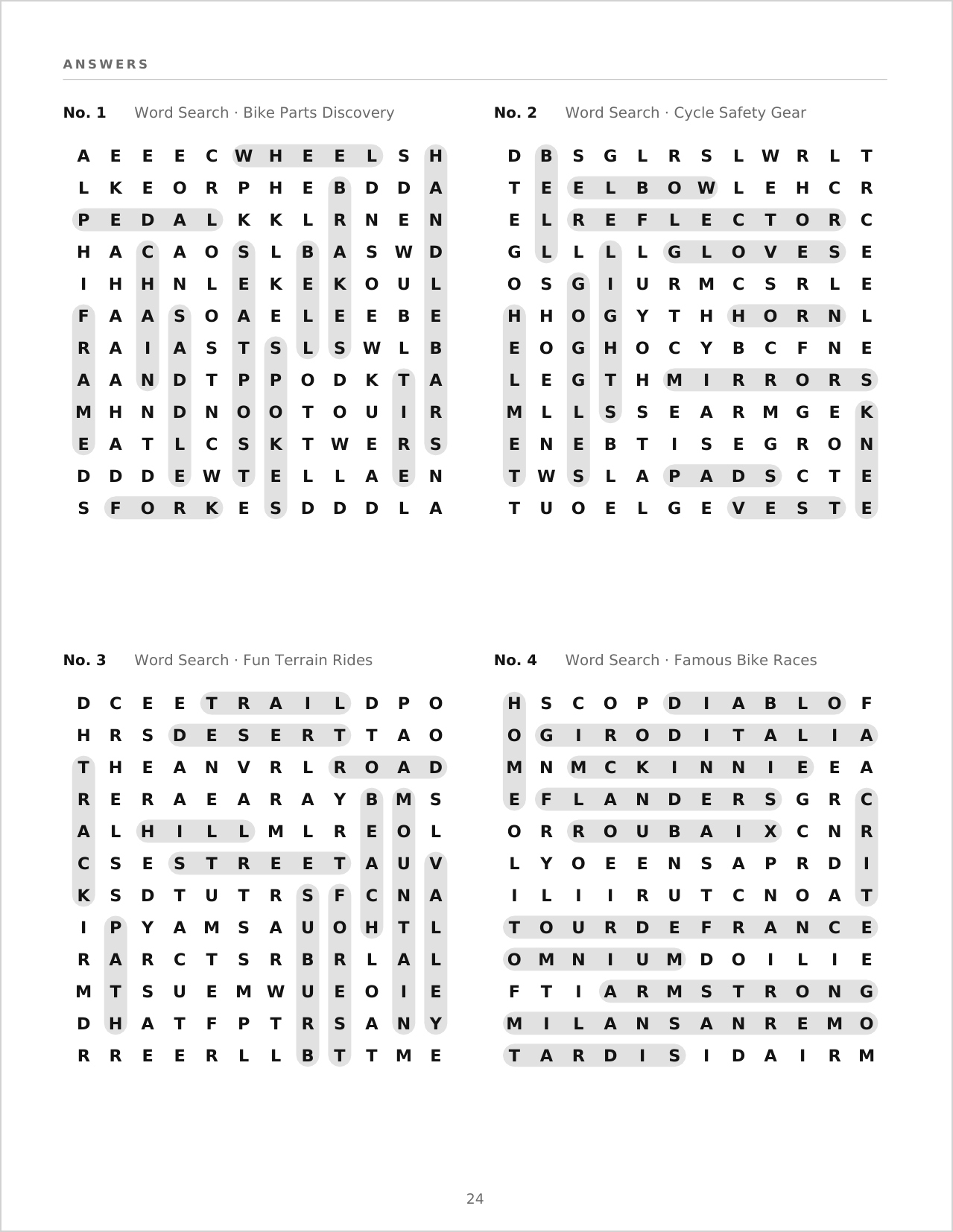 An answers page with four solved word searches, the hidden words shaded