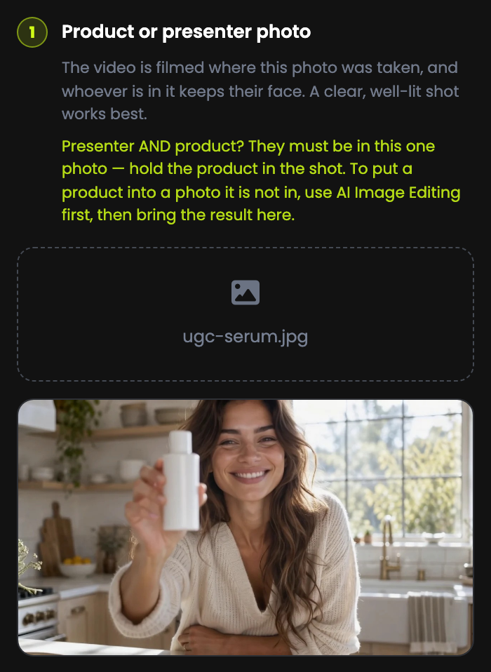 Step 1, Product or presenter photo, with an uploaded photo of a woman holding a skincare bottle in a kitchen