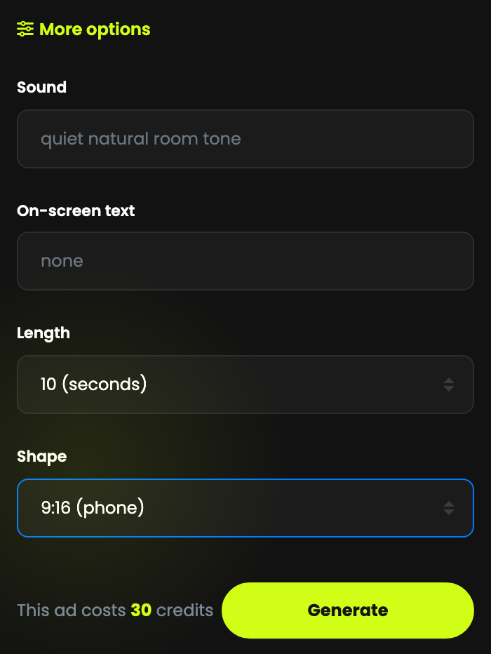 More options open: Sound, On-screen text, Length, Shape, and the cost line with the Generate button