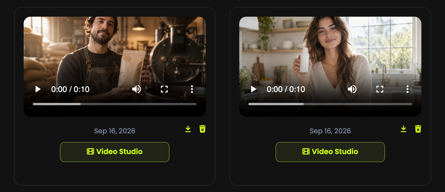 Two finished UGC ads in the library, each with a video player, download and delete icons and a Video Studio button
