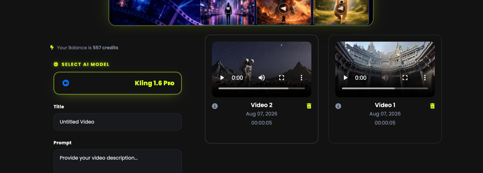 The Text to Video screen with the form and previously generated videos