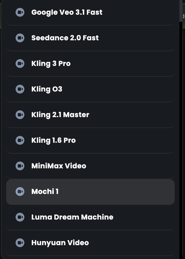 The video model dropdown listing all available video models