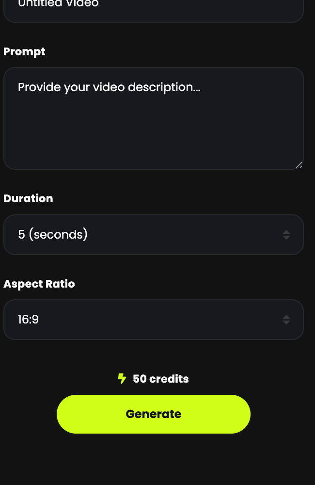 The video form showing title, prompt, duration, aspect ratio and the credit cost above Generate
