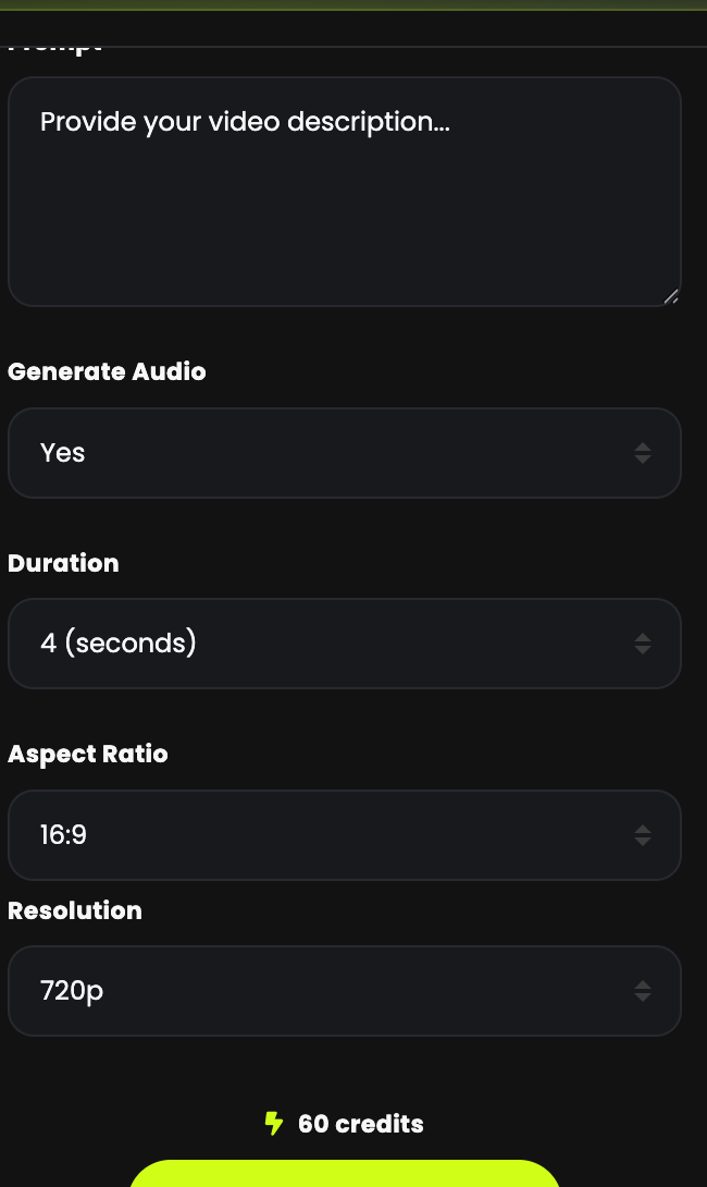 The Veo form with Generate Audio, duration, aspect ratio and resolution
