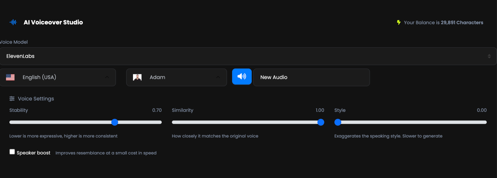 AI Voiceover Studio showing voice model, language, voice, and the voice settings sliders