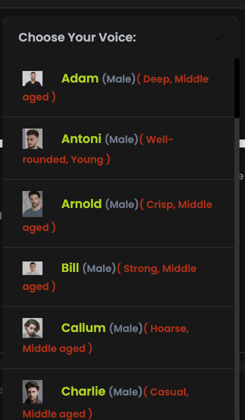 The voice picker listing voices with gender and character descriptions