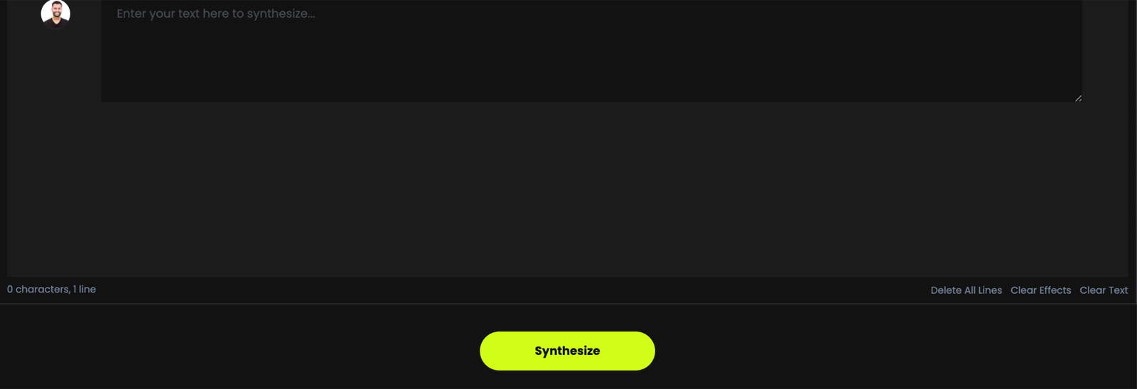 The Text to Speech area with a voice avatar beside the line, a character counter and line controls