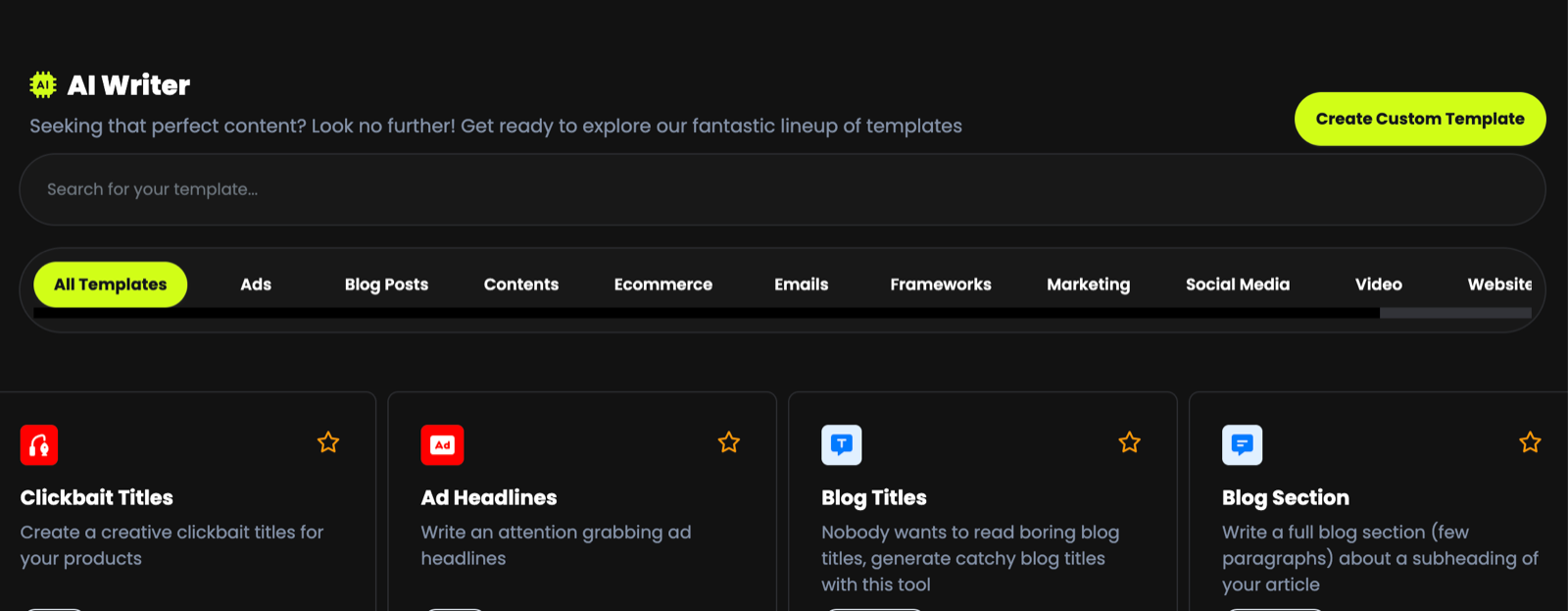 The AI Writer template library with category tabs and template cards