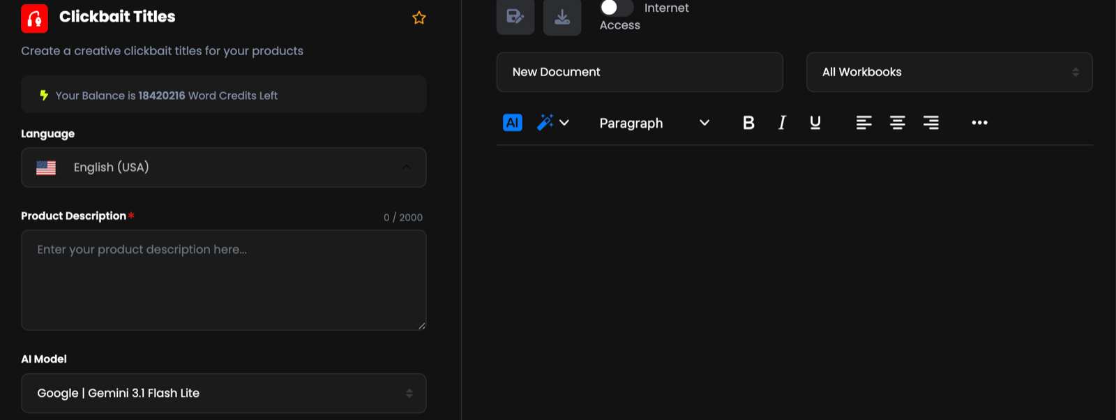 A template page with the input form on the left and the document editor on the right