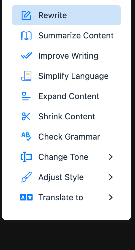 The in-editor AI menu: Rewrite, Summarize, Improve Writing, Simplify, Expand, Shrink, Check Grammar, Change Tone, Adjust Style, Translate