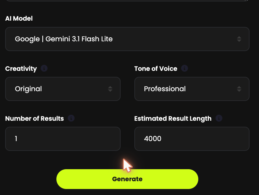 AI Model, Creativity, Tone of Voice, Number of Results and Estimated Result Length